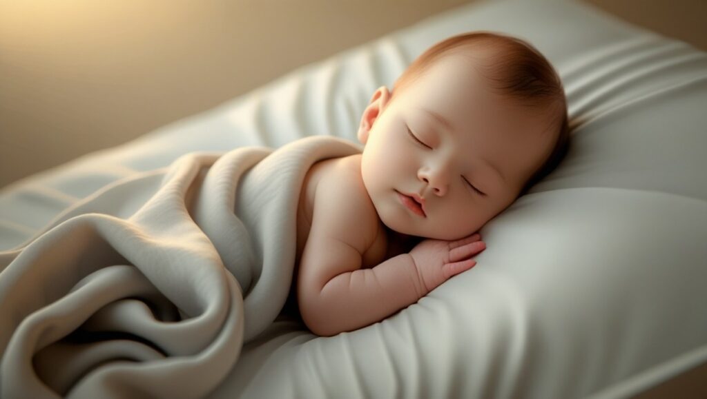 طفل ينام بعمق على مرتبة متوسطة الصلابة من سليب تايم مع غطاء قابل للغسل.